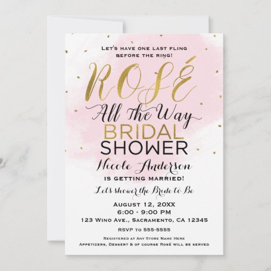 ロゼオールウェイブライダルシャワーワインピンク&金ゴールド 招待状 (正面)