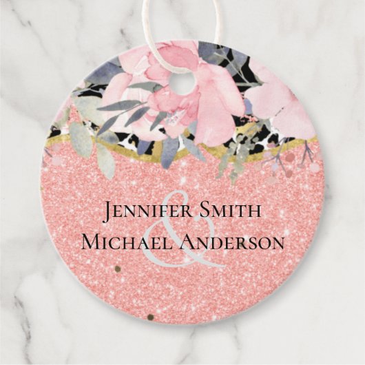 ロゼゴールドのウェディングガールピンクの花柄グリッターグ ラム フェイバータグ (正面)