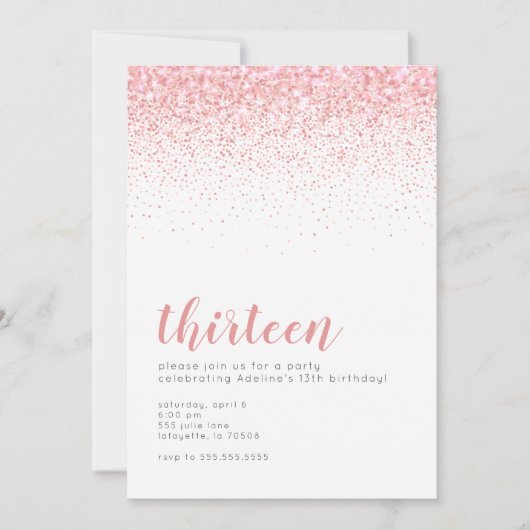 ロゼゴールドグリッターガ10代のール誕生日招待状 招待状 (正面)