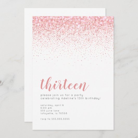ロゼゴールドグリッターガ10代のール誕生日招待状 招待状 (正面/裏面)