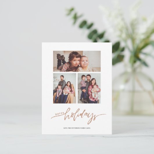 ロゼゴールドグリッタークリスマス3フォトコラージュホリデイ ポストカード (スタンド正面)