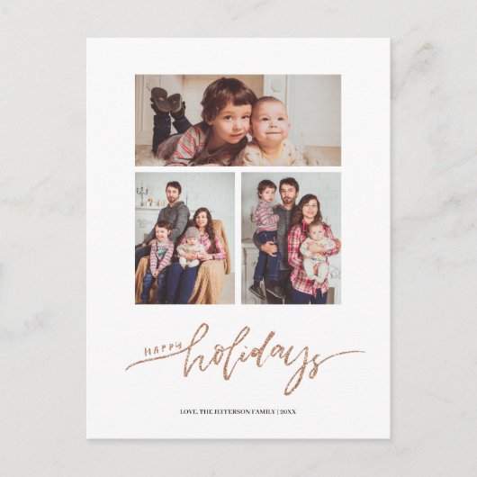 ロゼゴールドグリッタークリスマス3フォトコラージュホリデイ ポストカード (正面)