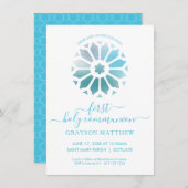 ロゼット青い最初の聖餐式招待状 招待状 (正面/裏面)