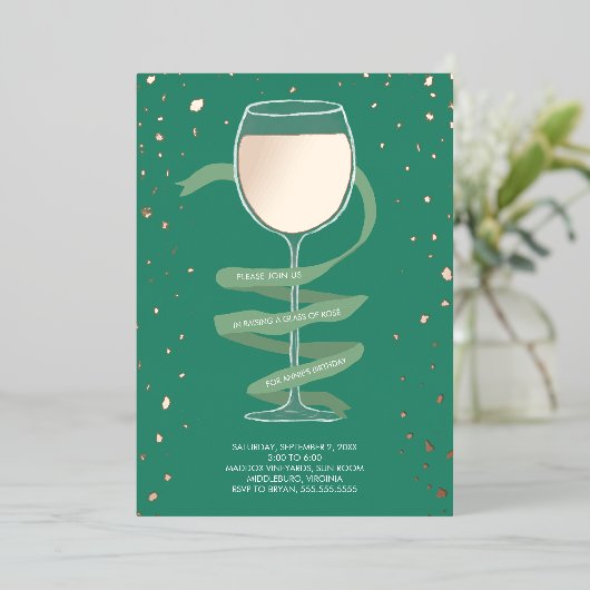 ロゼワイングラスワイナリーアダルトバースデーパーティー 箔招待状 (立ち正面)