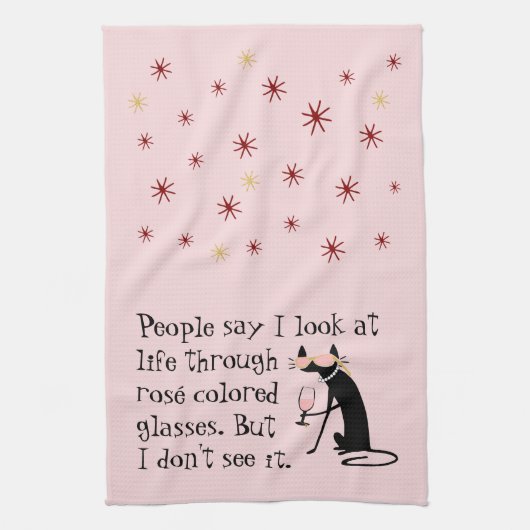 ロゼ色の眼鏡を通してワインパン猫 キッチンタオル (縦)