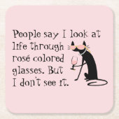 ロゼ色の眼鏡を通してワインパン猫 スクエアペーパーコースター (正面)