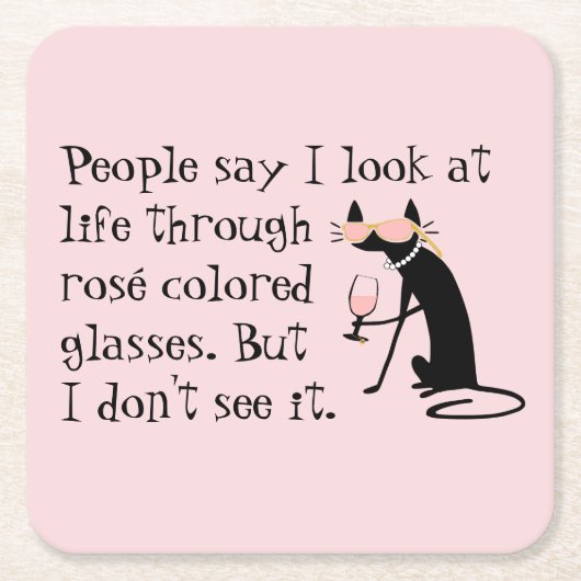 ロゼ色の眼鏡を通してワインパン猫 スクエアペーパーコースター (正面)