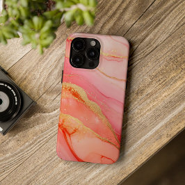 ロゼ・ソレイユ ラグジュアリーコーラルピンクの水彩画 ゴールド iPhone 16ケース