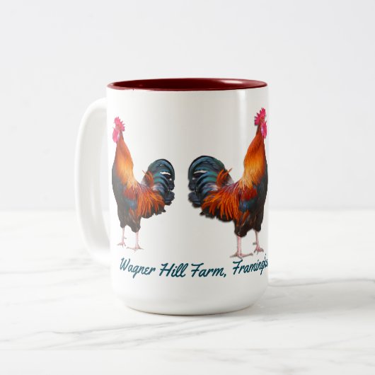 ロターズファームカスタムとティール（緑がかった色）文字 ツートーンマグカップ (正面左)