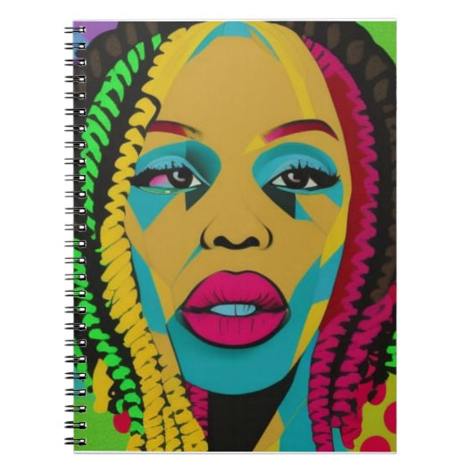 ロッはっきりしたクを持つアポップ・アートのート・アフリカ・アメリカ人女性 ノートブック (正面)