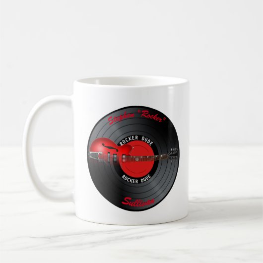 ロッカーの男のギターのレコード名 コーヒーマグカップ (左)
