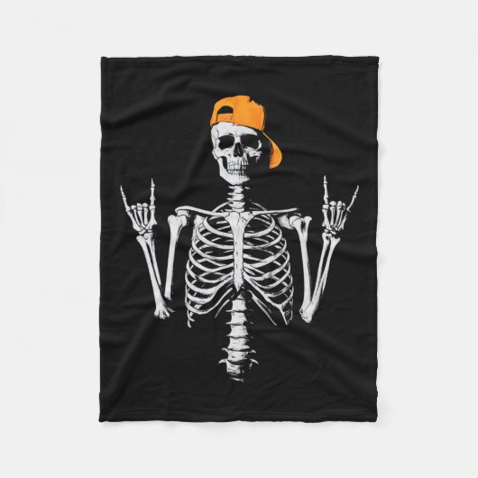 ロッカースケルトンキャップスケータークールハロウィンパンクロック フリースブランケット (正面)