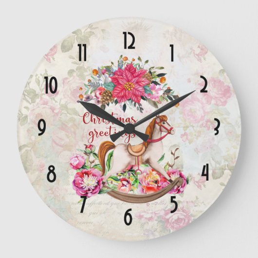 ロッキビクトリアンングホース&ポインセチアクリスマス ラージ壁時計 (正面)