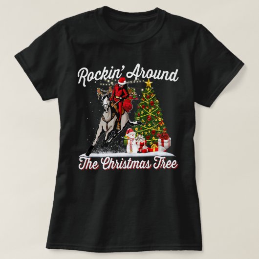 ロッキンのまわりにクリスマスツリーTシャツおもしろいサンタ Tシャツ (デザイン正面)