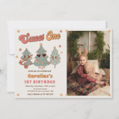 ロッキンのクリスマスツリーのヒッピー誕生日写真 招待状 (正面)