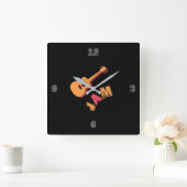 ロッキングギター、音楽ジャムスタイル、オレンジ&レッドアート スクエア壁時計 (ホーム)
