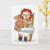 ロッキングチェアのラグドールとテディベア カード (黄色い花)