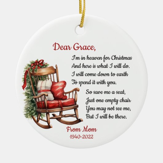 ロッキングチェア写真記念天国のクリスマス セラミックオーナメント (正面)