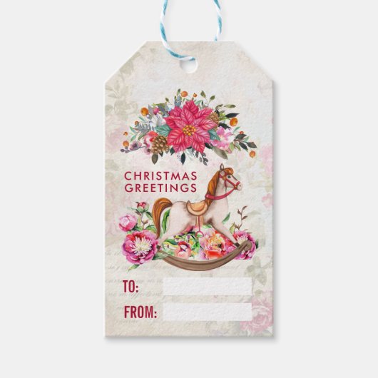 ロッキングビクトリアンホース&ポインセチア・クリスマス ギフトタグ (正面)
