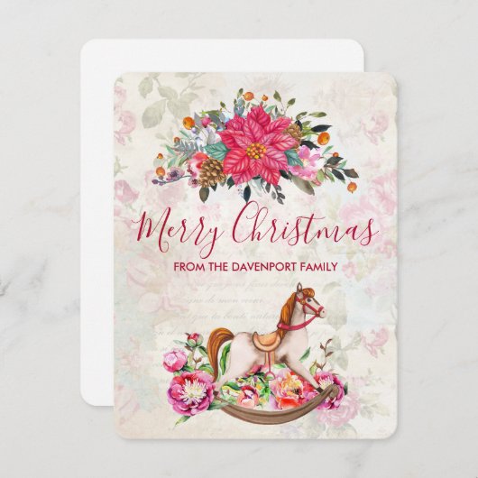 ロッキングビクトリアンホース&ポインセチア・クリスマス シーズンカード (正面/裏面)