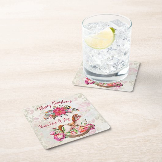ロッキングビクトリアンホース&ポインセチア・クリスマス スクエアペーパーコースター (インサイチュ)