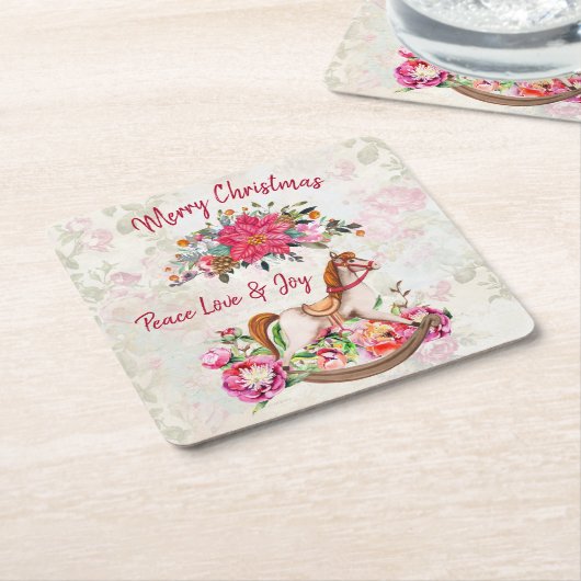 ロッキングビクトリアンホース&ポインセチア・クリスマス スクエアペーパーコースター (アングル)