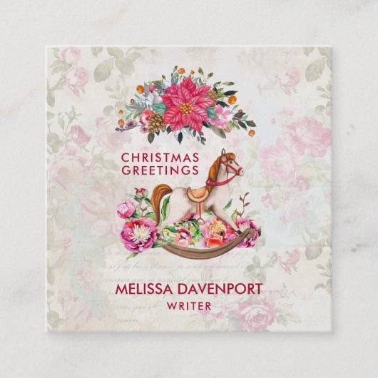 ロッキングビクトリアンホース&ポインセチア・クリスマス スクエア名刺 (正面)