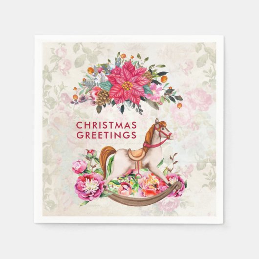 ロッキングビクトリアンホース&ポインセチア・クリスマス スタンダードカクテルナプキン (正面)