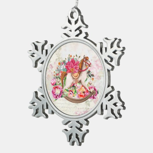 ロッキングビクトリアンホース&ポインセチア・クリスマス スノーフレークピューターオーナメント (右)