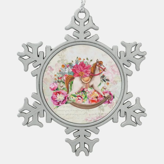 ロッキングビクトリアンホース&ポインセチア・クリスマス スノーフレークピューターオーナメント (正面)