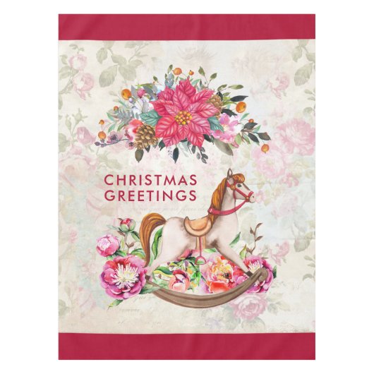 ロッキングビクトリアンホース&ポインセチア・クリスマス テーブルクロス (正面)