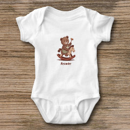 ロッキングホースに乗るテディベア ベビーボディスーツ