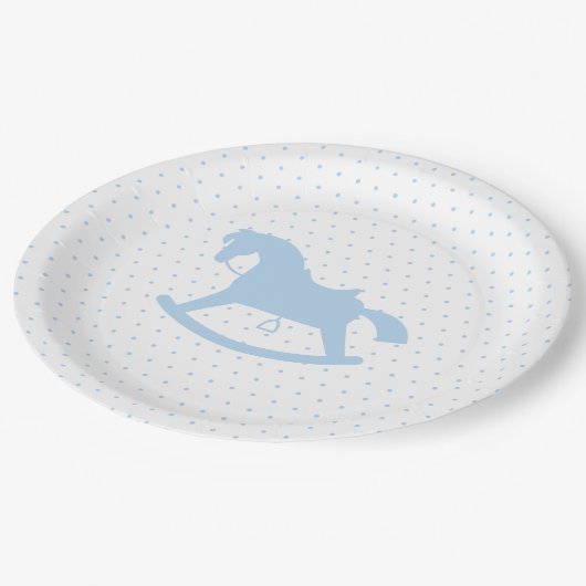ロッキングホースのシルエットベビーシャワープレートブルー ペーパープレート (アングル)