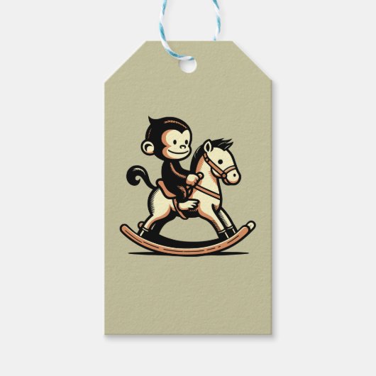 ロッキングホースの任意の色のサル ギフトタグ (正面)