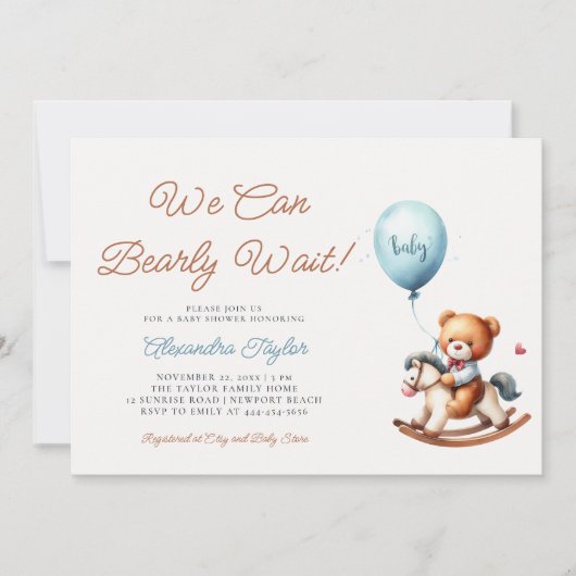 ロッキングホースの男の赤ちゃんシャワーを待つ 招待状 (正面)