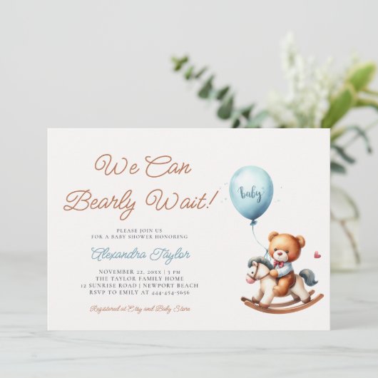 ロッキングホースの男の赤ちゃんシャワーを待つ 招待状 (スタンド正面)