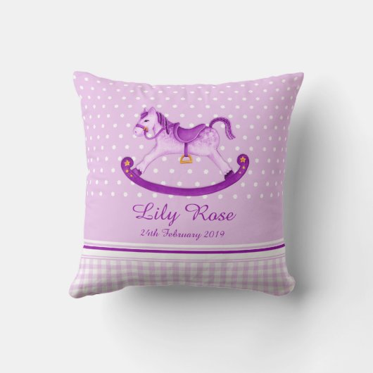 ロッキングホースアートパープルネームベビー誕生枕 クッション (裏面)
