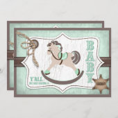 ロッキングホースカウボーイ赤ちゃんシャワーミント 招待状 (正面/裏面)