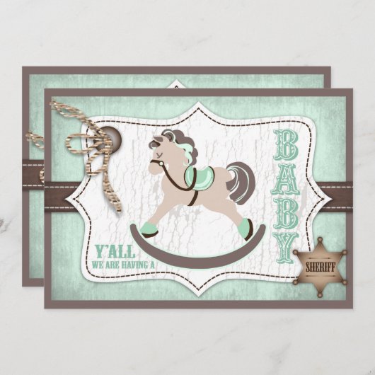 ロッキングホースカウボーイ赤ちゃんシャワーミント 招待状 (正面/裏面)