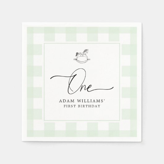ロッキングホースグリーンジンガム1stバースデーナプキンズ スタンダードカクテルナプキン (正面)