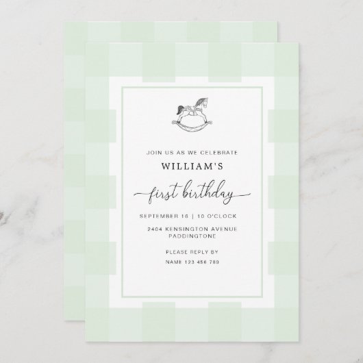 ロッキングホースグリーンジンガム1st誕生日招待状 招待状 (正面/裏面)