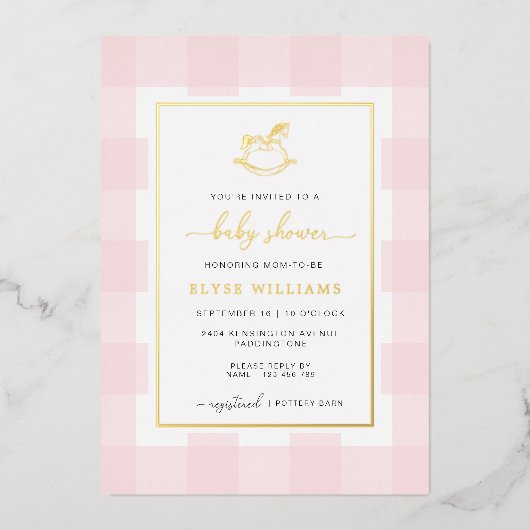 ロッキングホースピンクジンガムベビーシャワーフォイル招待状 箔招待状 (正面)