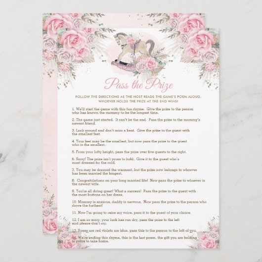 ロッキングホースピンクパンパベビープライズゲームに合格 招待状 (正面/裏面)