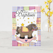 ロッキングホースピンク付き洗礼カード カード (黄色い花)