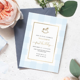 ロッキングホースブルーギンガム誕生日フォイル招待状 箔招待状