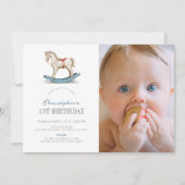 ロッキングホースブルーボーイフォト1st誕生日 招待状 (正面)