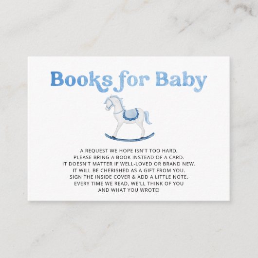 ロッキングホースブルー男の子の赤ちゃんシャワーのブックリクエスト エンクロージャーカード (正面)