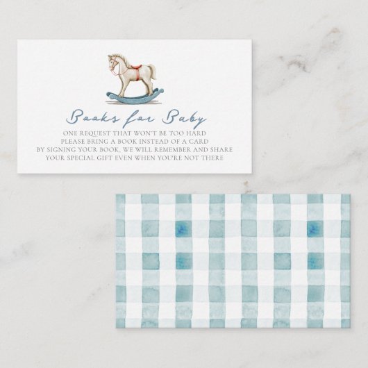 ロッキングホースブルー男の子の赤ちゃんシャワーのブックリクエスト エンクロージャーカード (正面/裏面)