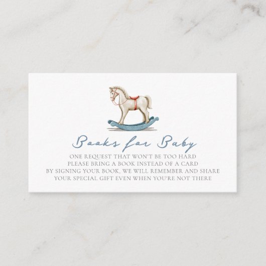 ロッキングホースブルー男の子の赤ちゃんシャワーのブックリクエスト エンクロージャーカード (正面)