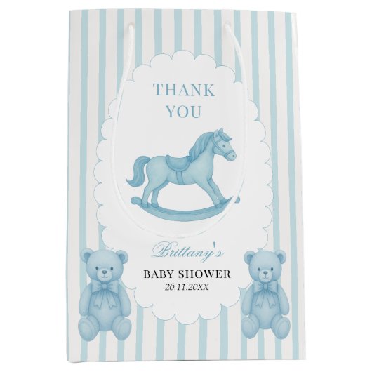 ロッキングホース名門私立校風のテディベア青ベビーシャワー ミディアムペーパーバッグ (正面)